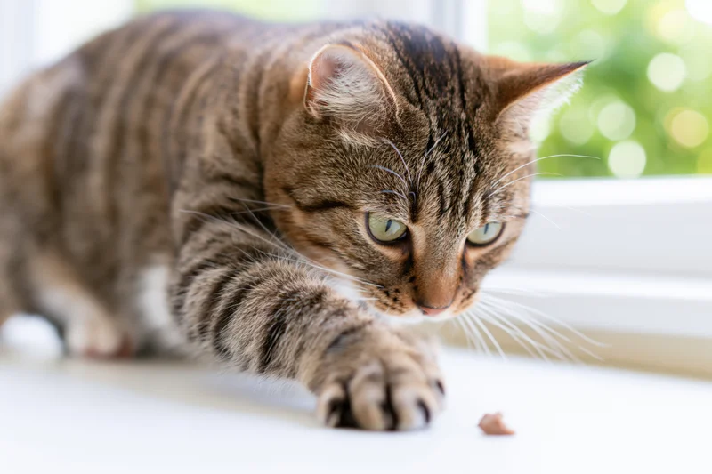 Tabby cat crouching low on white table with paw extended toward small treat