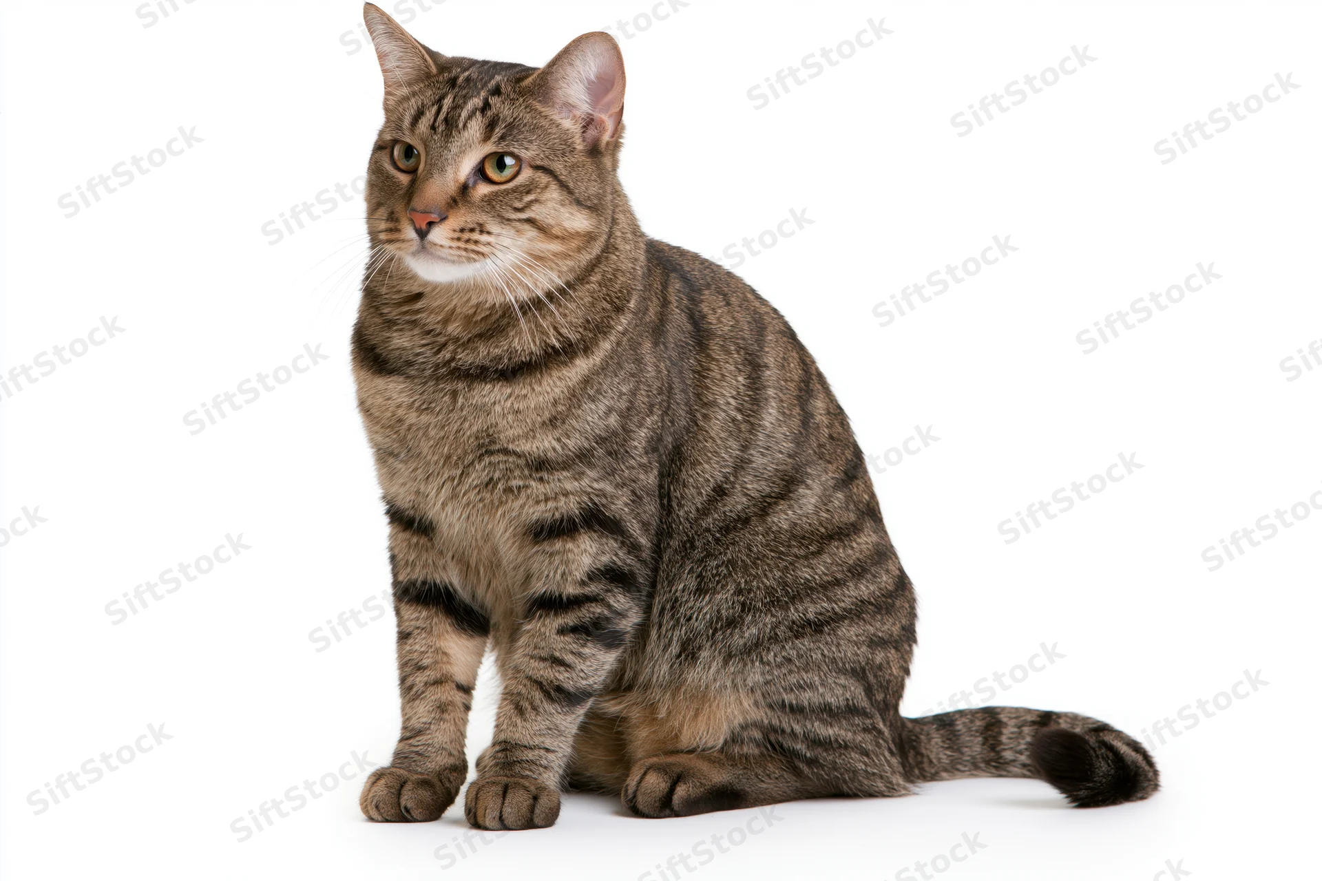 Brown tabby cat sitting upright and alert facing slightly left on white background
