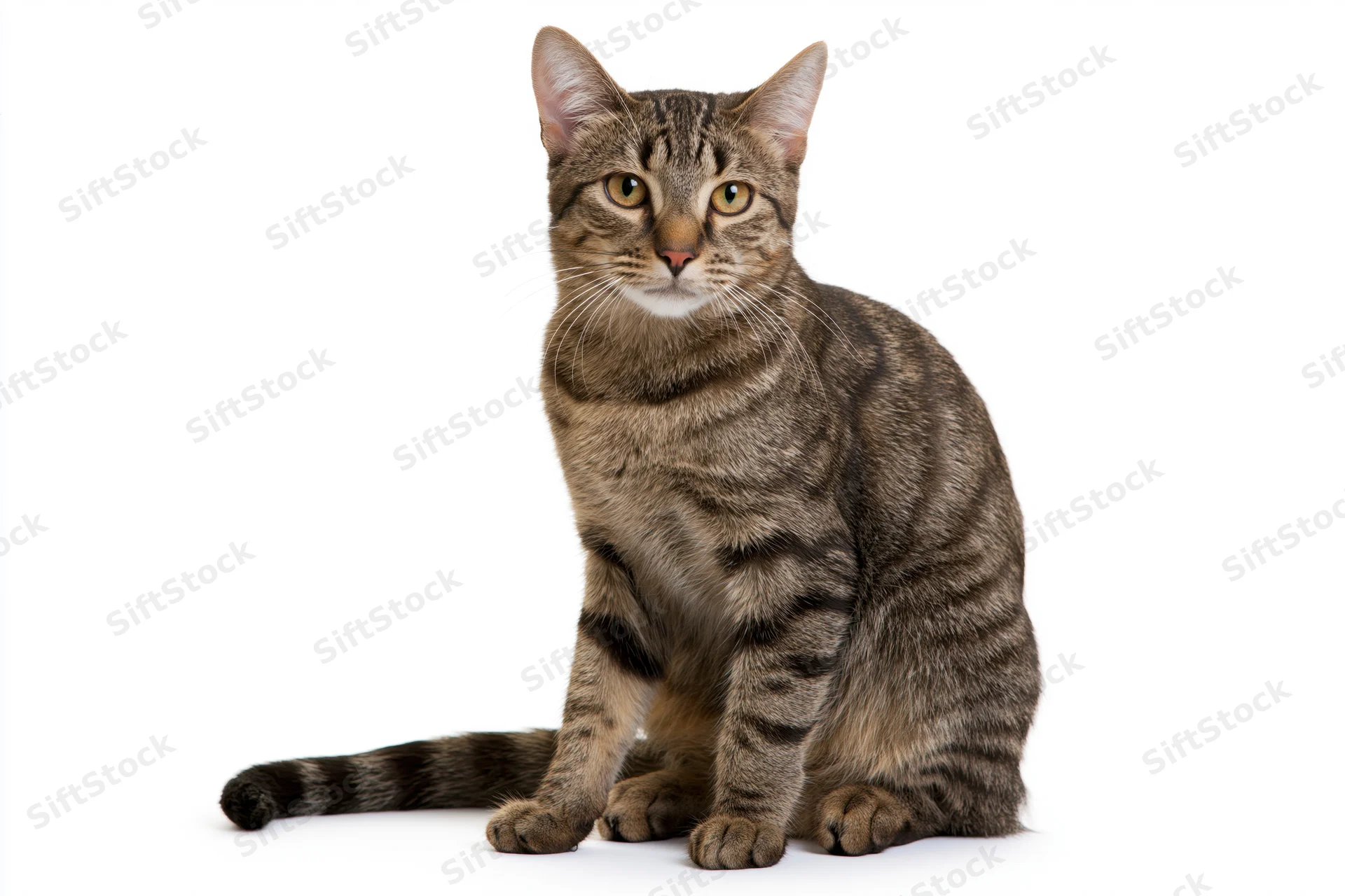 Brown tabby cat sitting upright and alert facing slightly left on white background