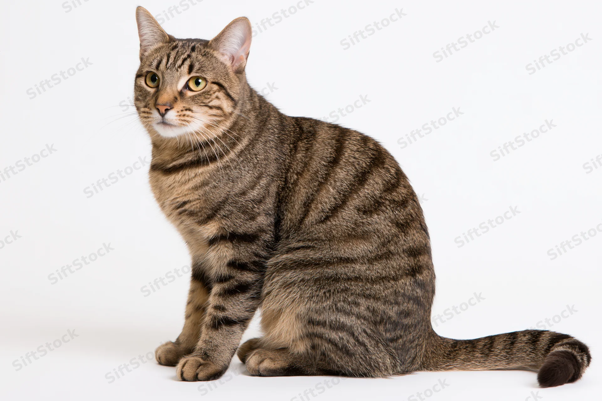 Brown tabby cat sitting upright and alert facing slightly left on white background