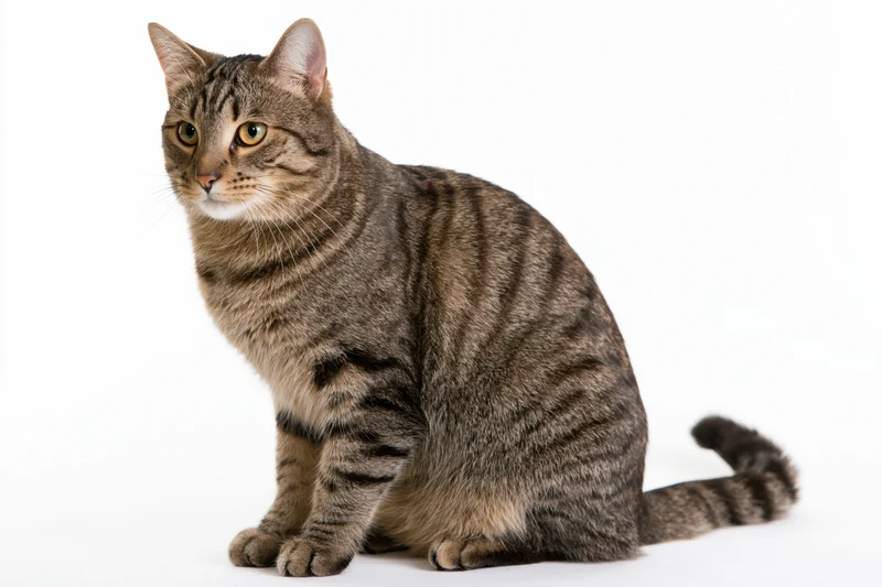 Brown tabby cat sitting upright and alert on white background