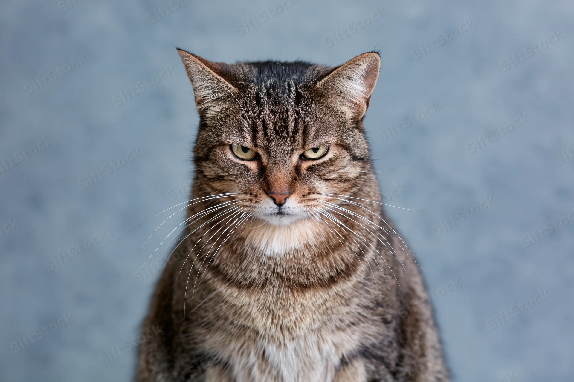 Brown tabby cat sitting upright looking directly at camera with alert expression against blurred gray background