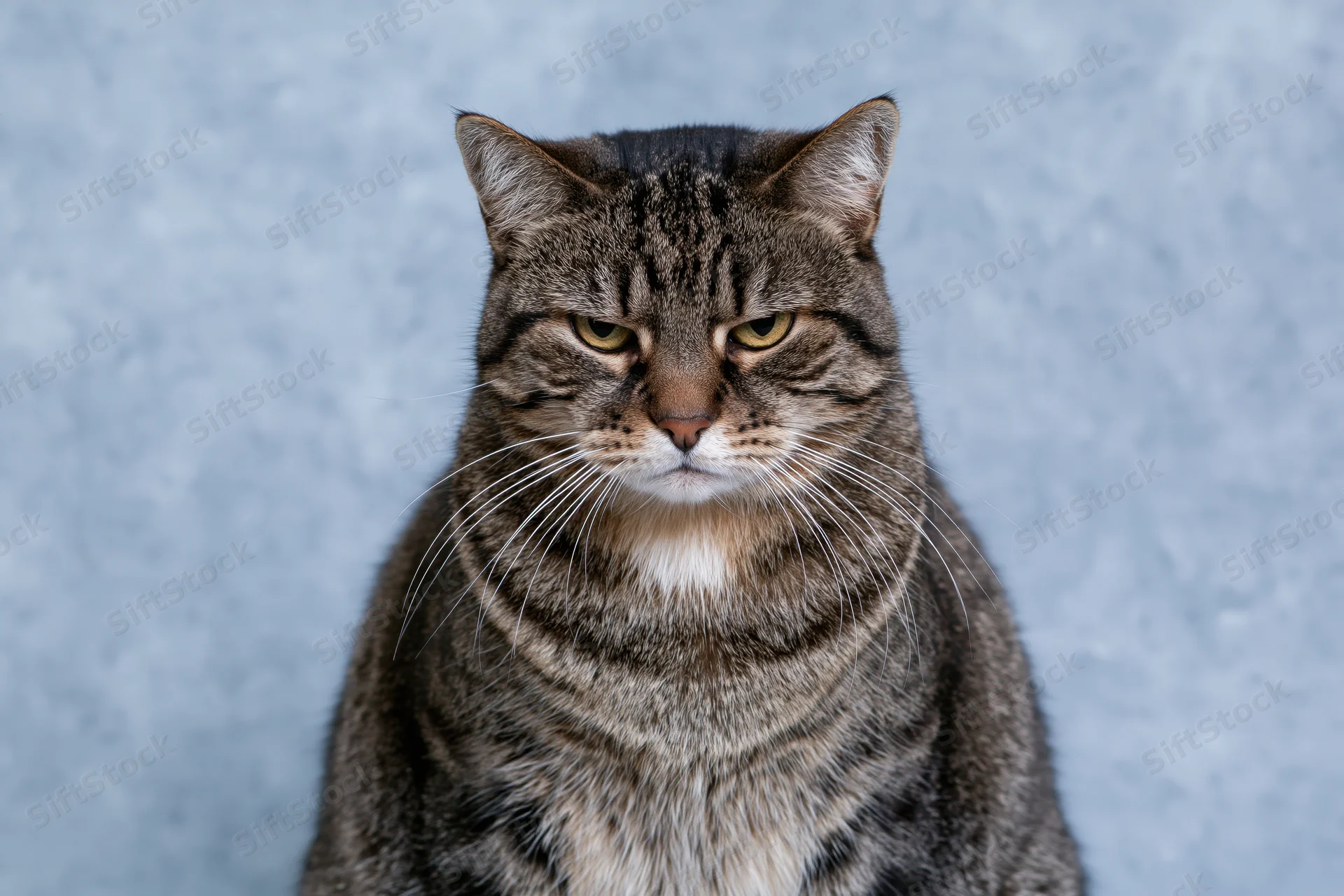Brown tabby cat sitting upright looking directly at camera with serious expression against blue background