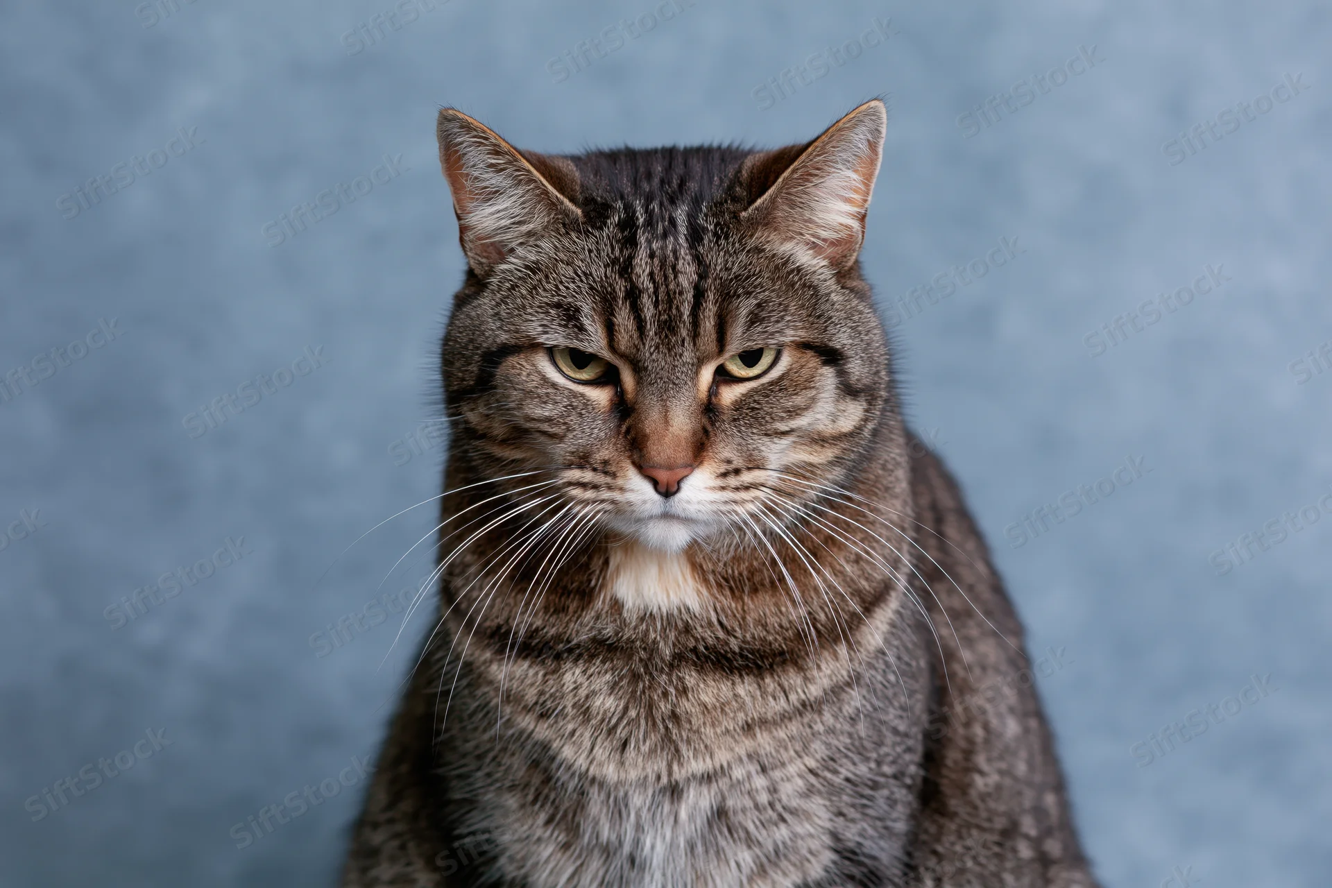 Brown tabby cat sitting upright looking directly at camera against blue background