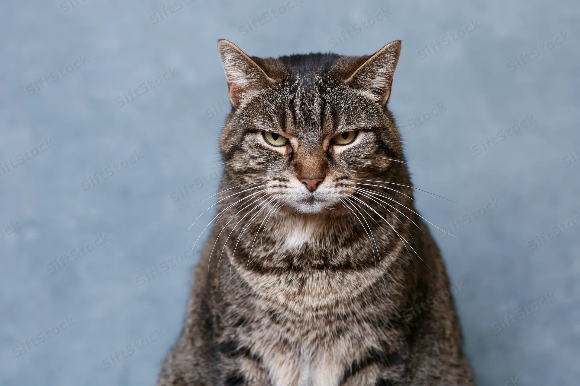 Brown tabby cat sitting upright looking directly at camera against a blue studio background