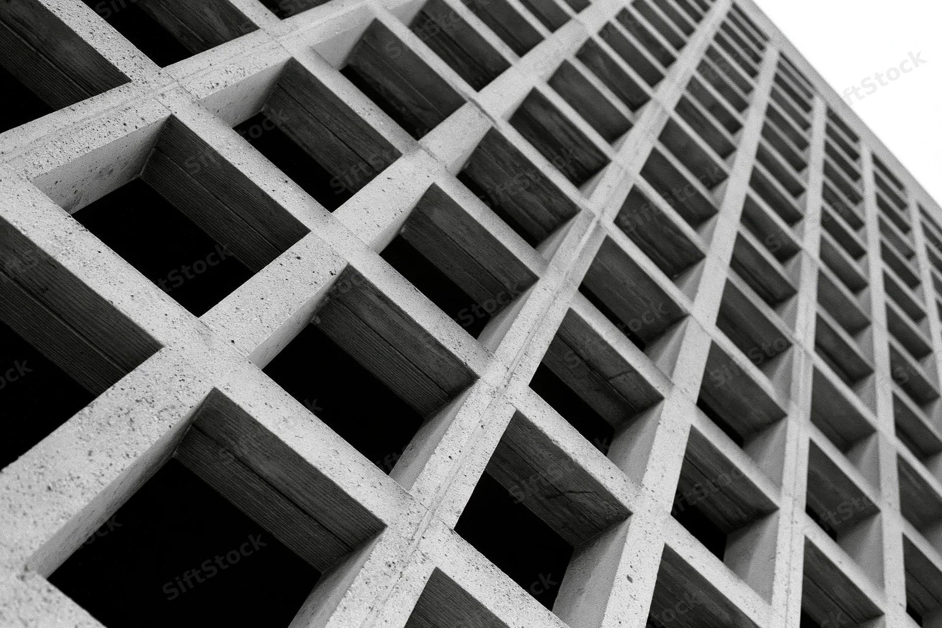 Low-angle view of a brutalist concrete grid facade on a building