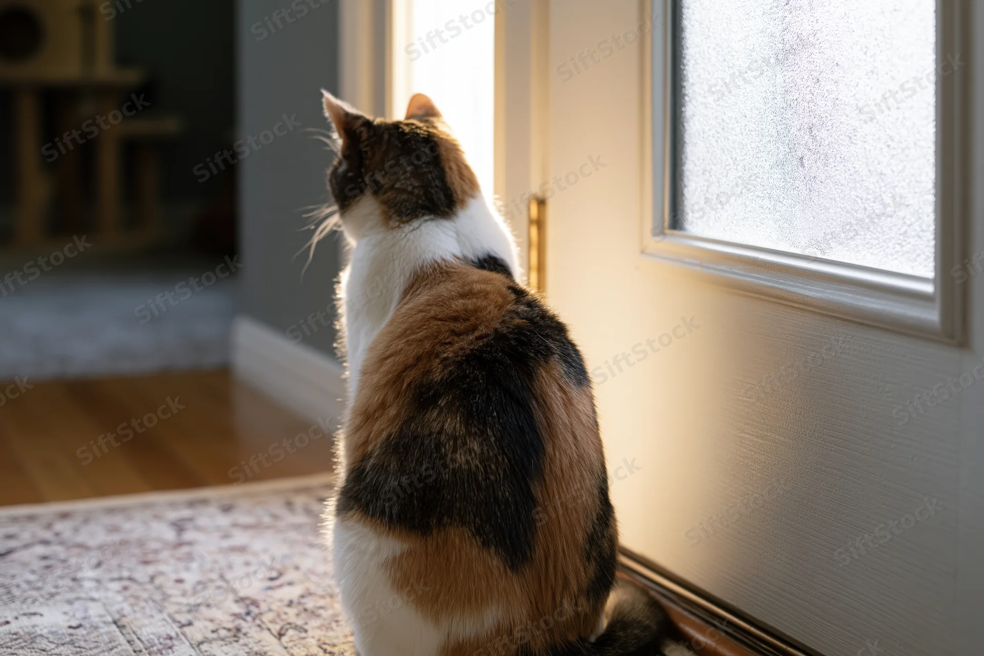 Calico cat sitting upright facing a white front door looking out the window