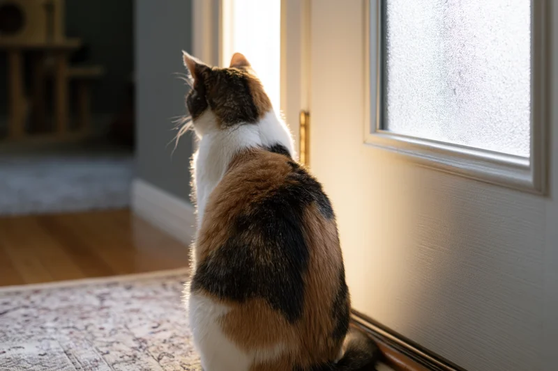 Calico cat sitting upright facing a white front door looking out the window