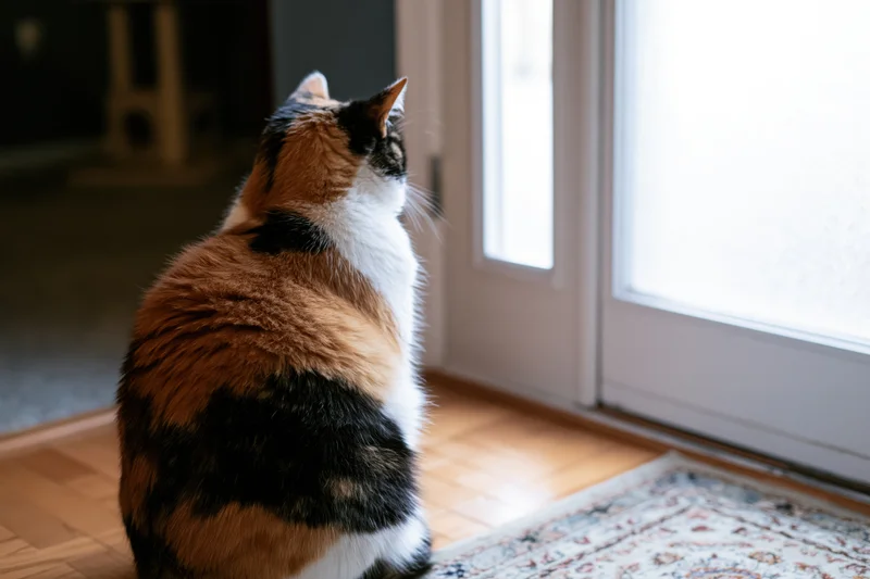 Calico cat sitting upright facing a white front door with window looking outside