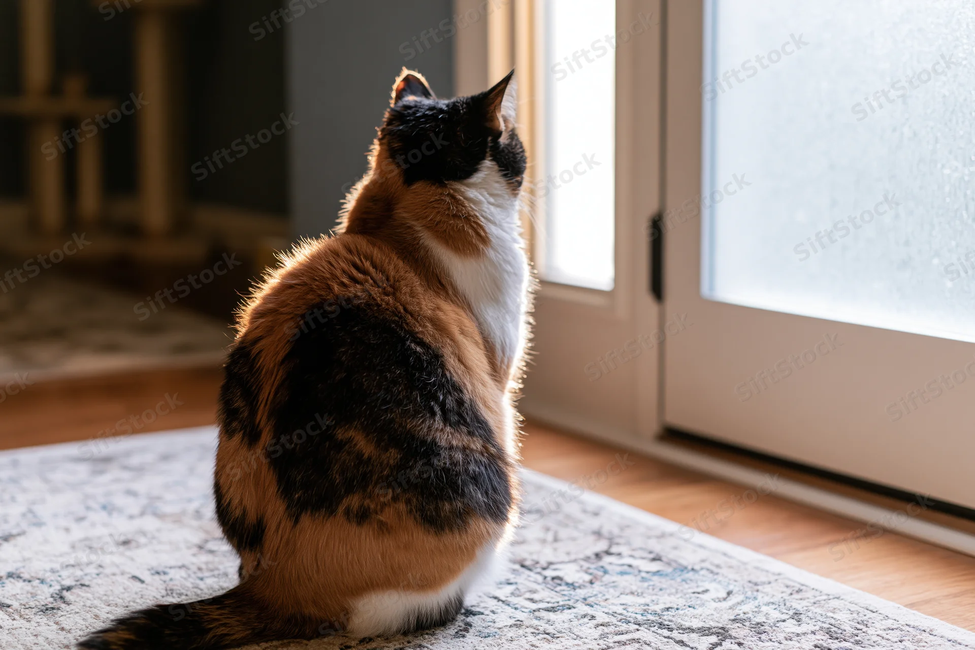 Calico cat sitting upright facing a white front door looking out through the glass