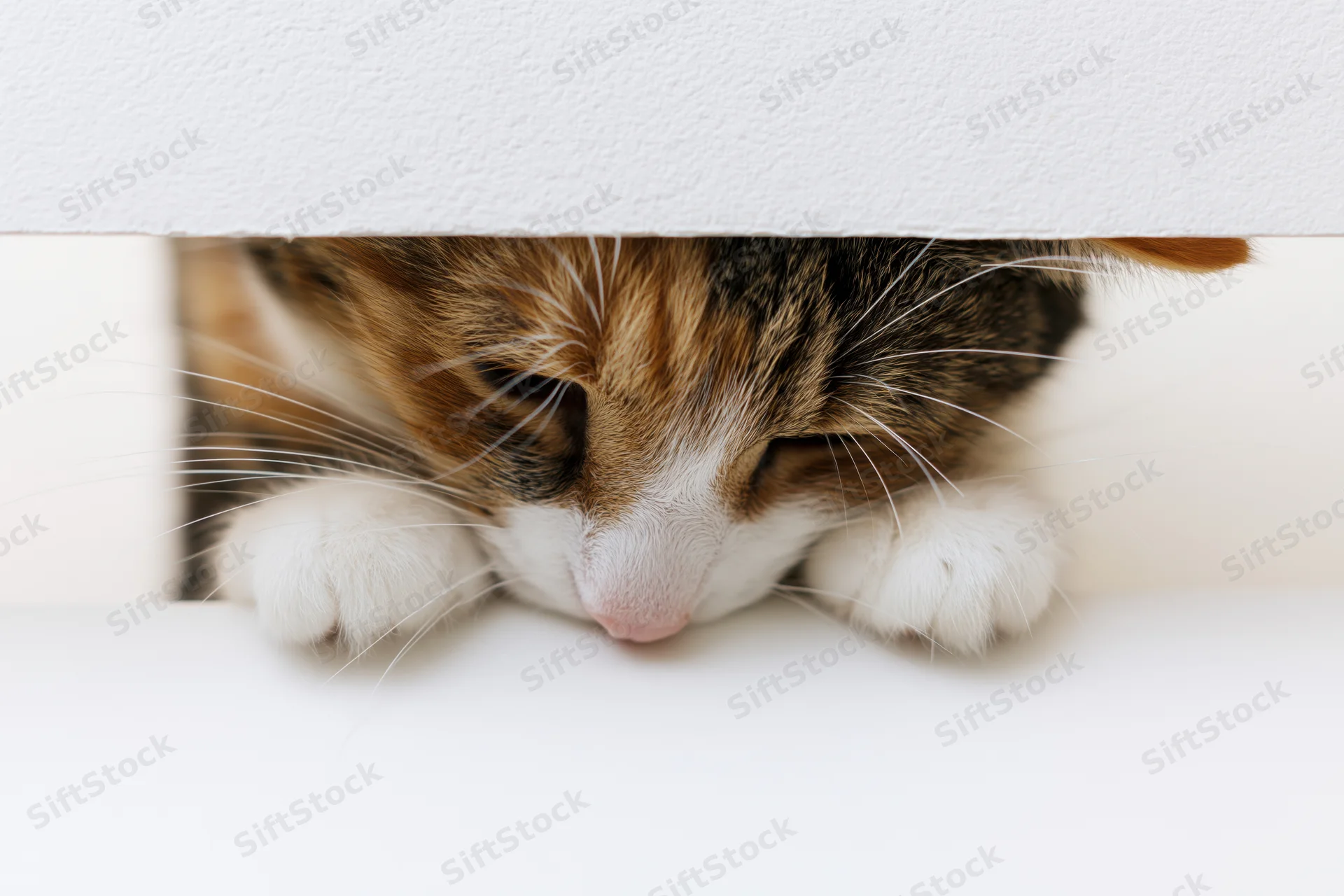 Calico tabby cat peeking from under white surface with paws and face visible