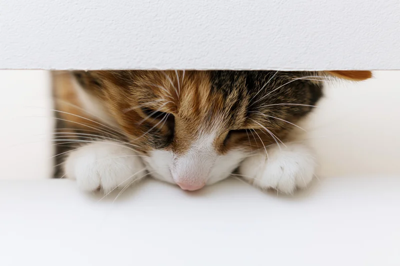 Calico tabby cat peeking from under white surface with paws and face visible