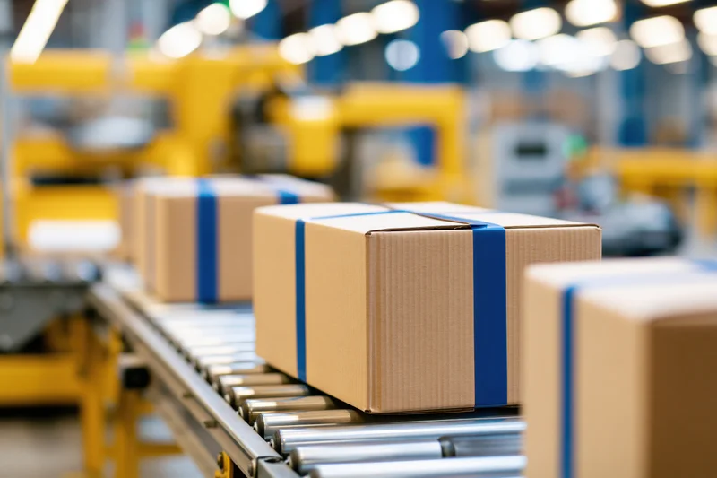 Cardboard boxes sealed with blue strapping tape moving along conveyor belt in warehouse