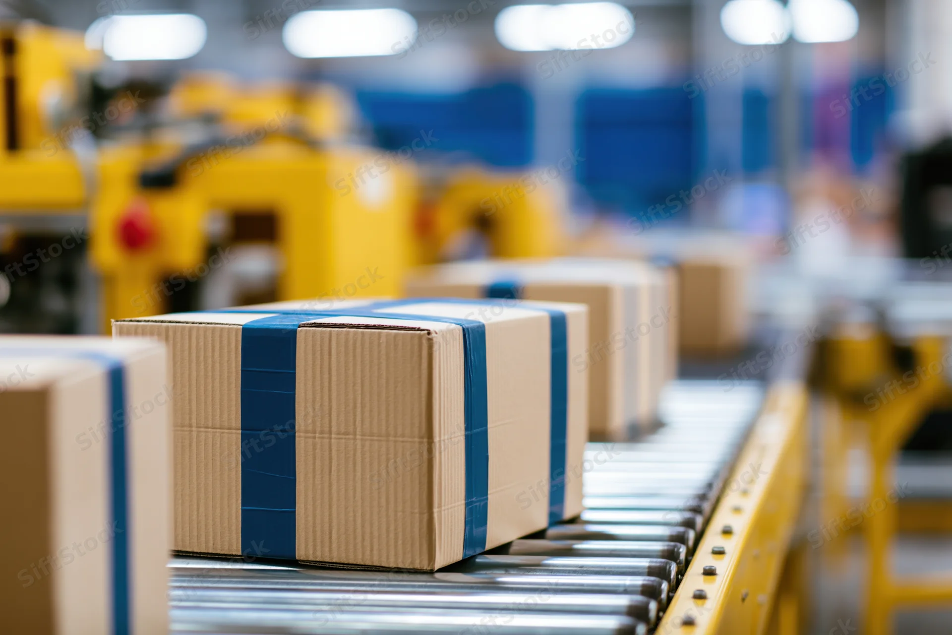 Cardboard boxes sealed with blue strapping tape moving along conveyor belt in factory