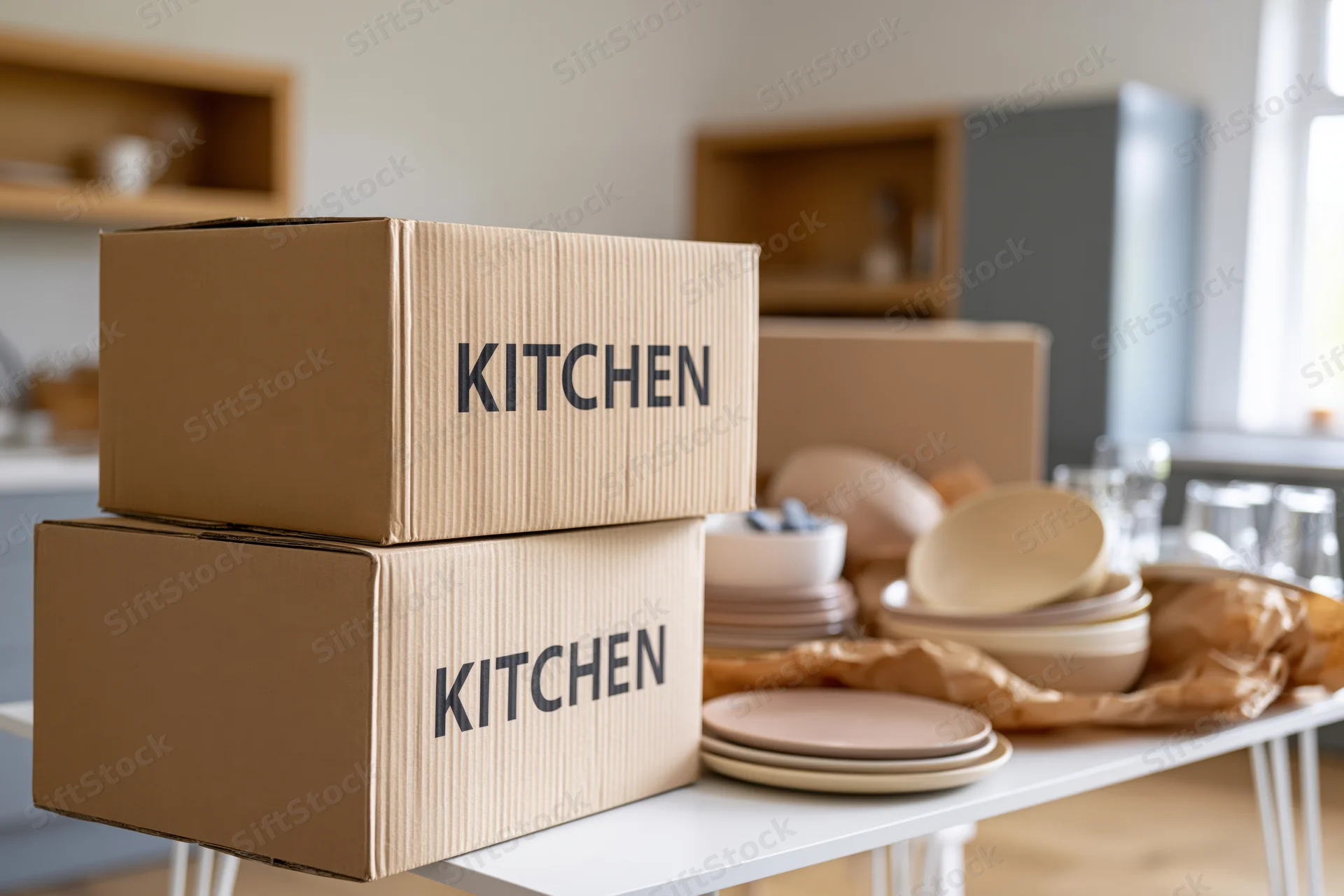 Stacked cardboard boxes labeled kitchen on a white table with dishes and glassware nearby in a bright apartment interior