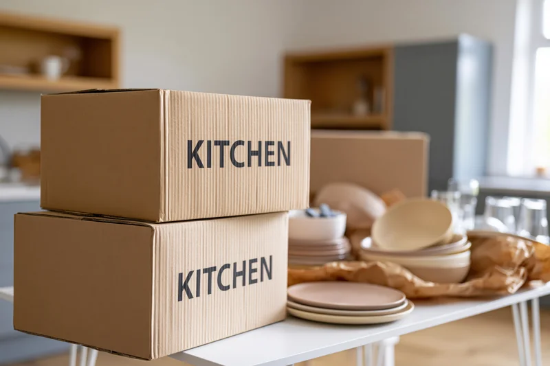 Stacked cardboard boxes labeled kitchen on a white table with dishes and glassware nearby in a bright apartment interior