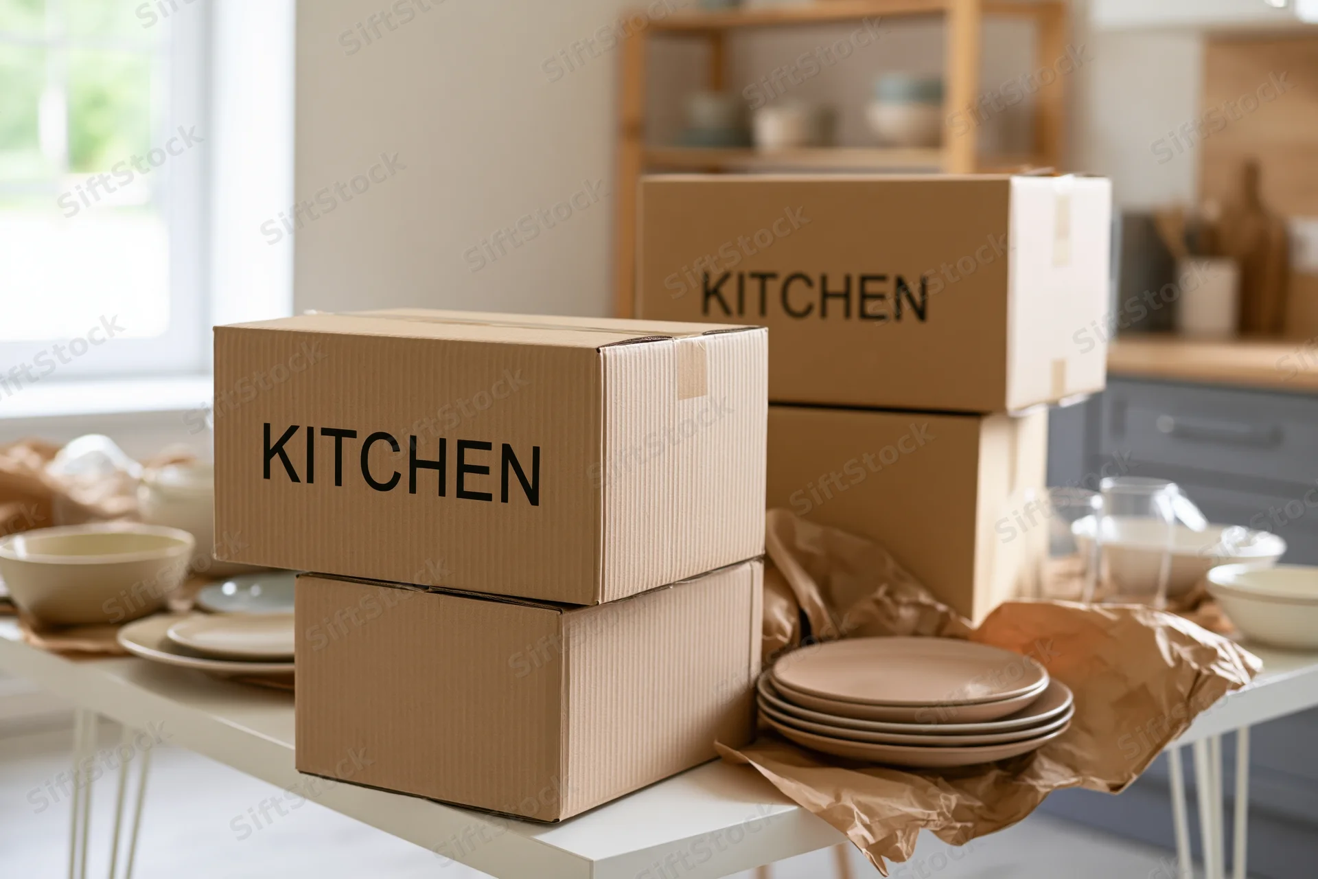 Cardboard moving boxes labeled kitchen stacked on white table with dishes and kitchenware around in bright home interior