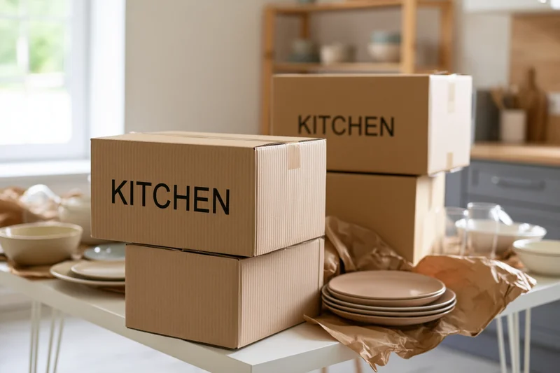 Cardboard moving boxes labeled kitchen stacked on white table with dishes and kitchenware around in bright home interior