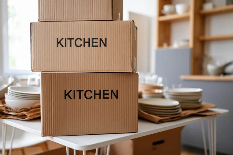 Stacked cardboard boxes labeled kitchen on a white table with dishes and kitchenware around in a bright room