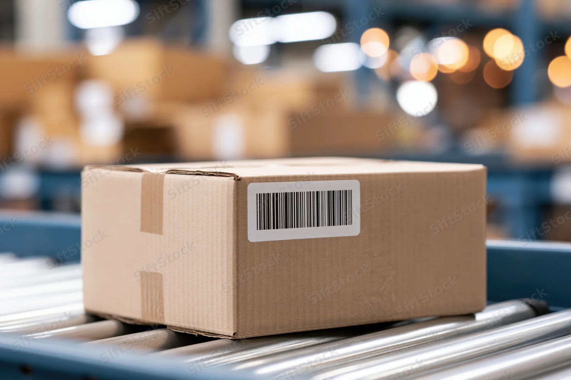 Cardboard shipping box with barcode label on conveyor roller in warehouse