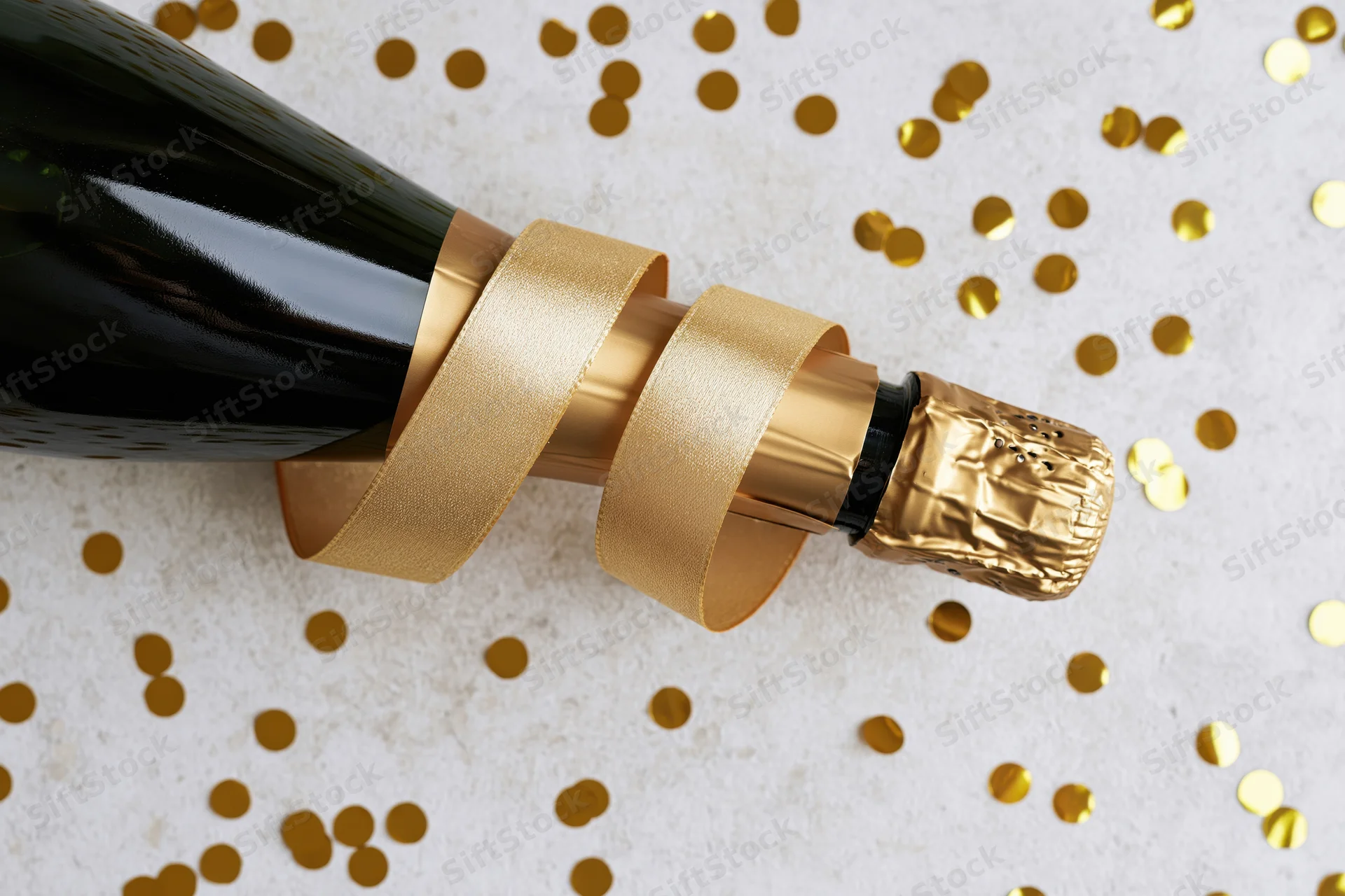 Champagne bottle lying on its side with curled gold ribbon and scattered confetti on light surface
