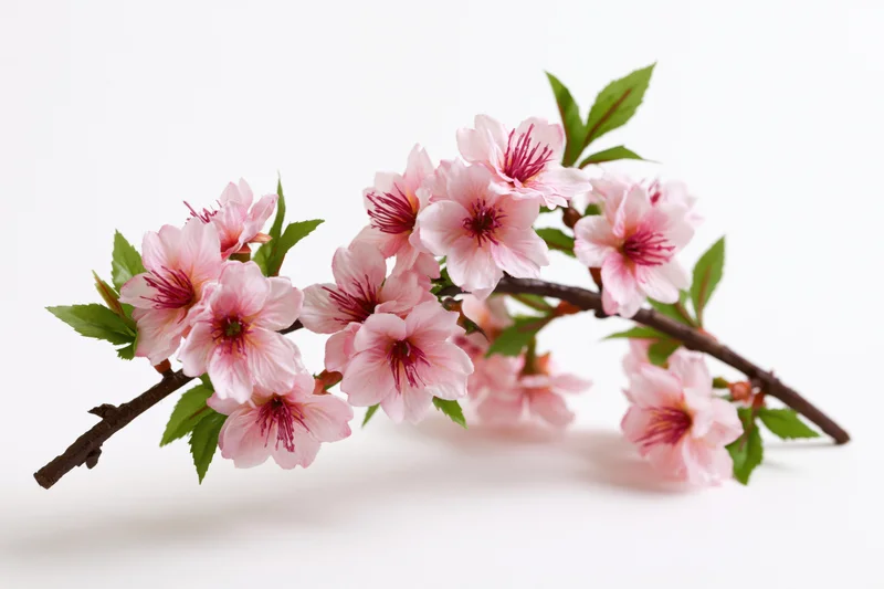 Cherry blossom branch with pink flowers and green leaves on white background