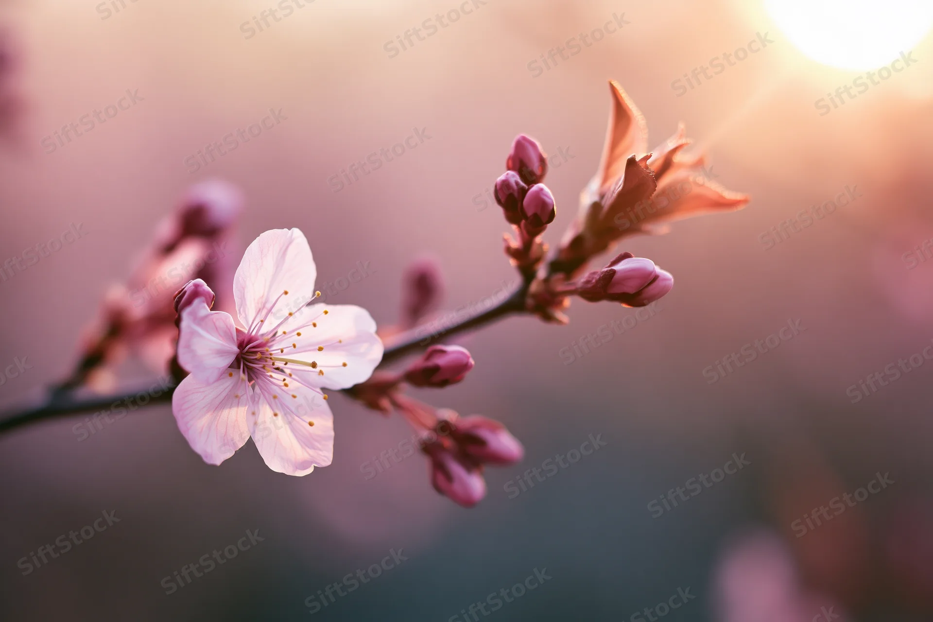 Cherry blossom branch with one open flower and buds in soft sunlight