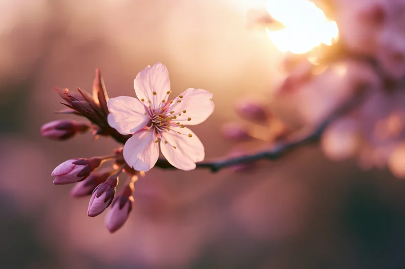 Cherry blossom branch with one open flower and buds backlit by warm sunlight in spring