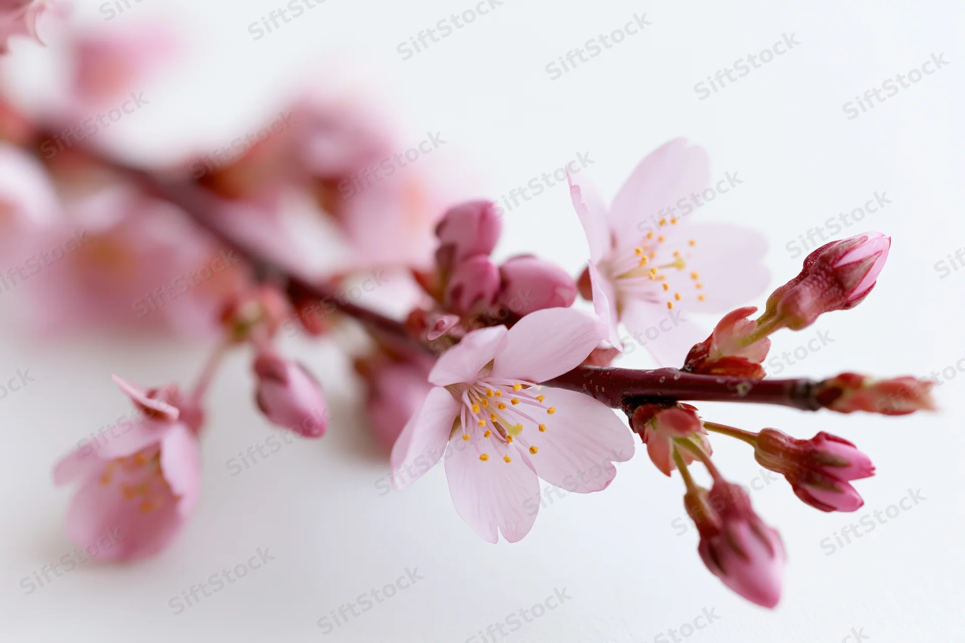 Cherry blossom branch with open pink flowers and tight buds on white background