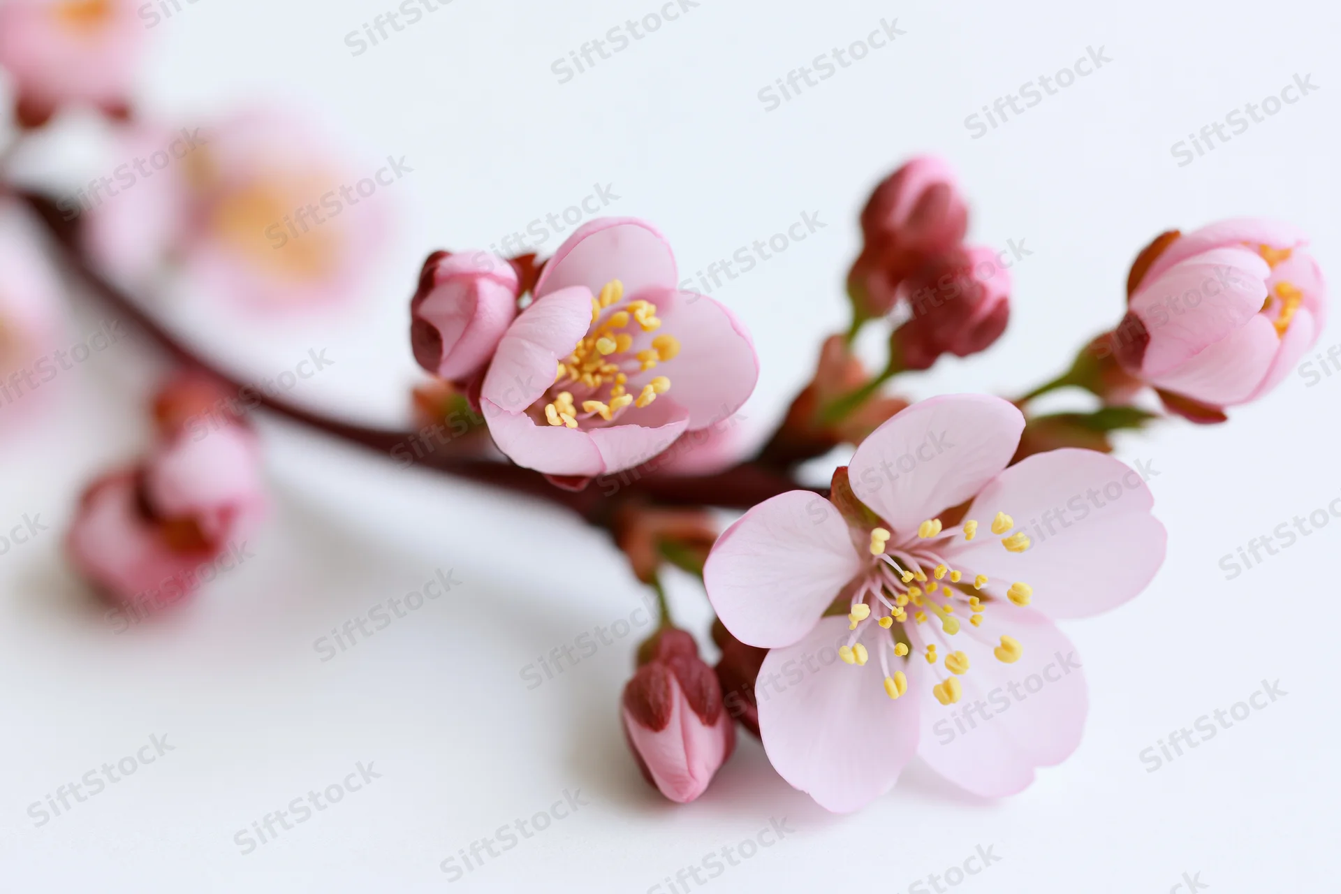 Cherry blossom branch with open pink flowers and tight buds on white background