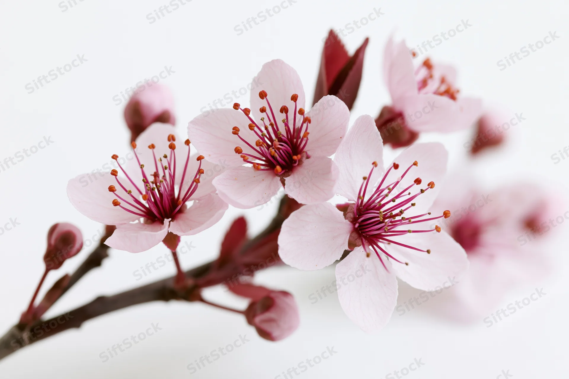 Cherry blossom branch with open pink flowers and buds against white background