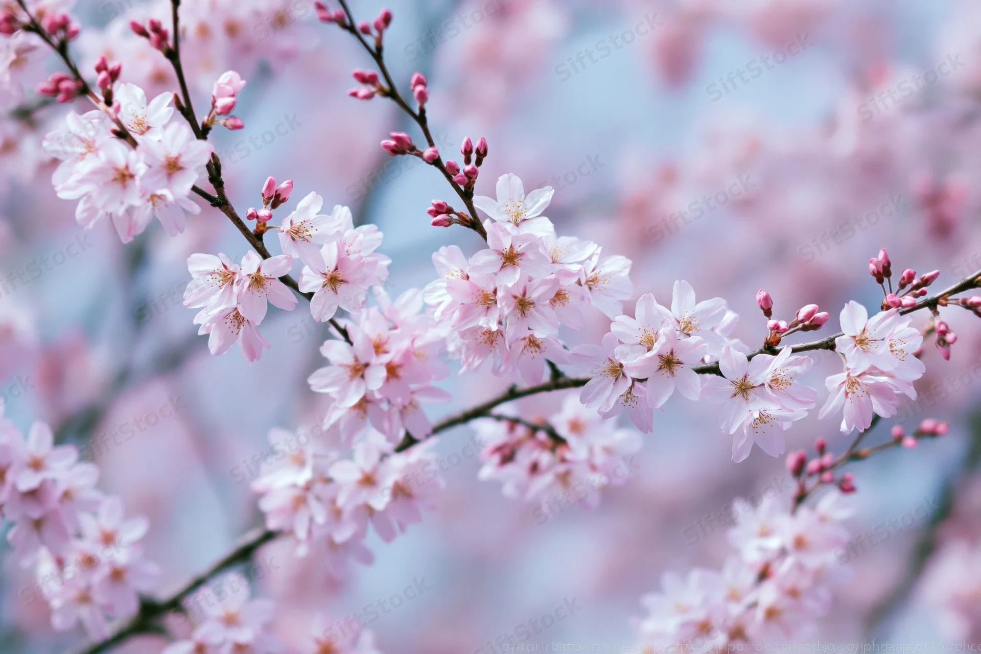 Cherry blossom branches with pale pink blooms and buds in spring garden setting