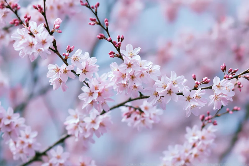 Cherry blossom branches with pale pink blooms and buds in spring garden setting