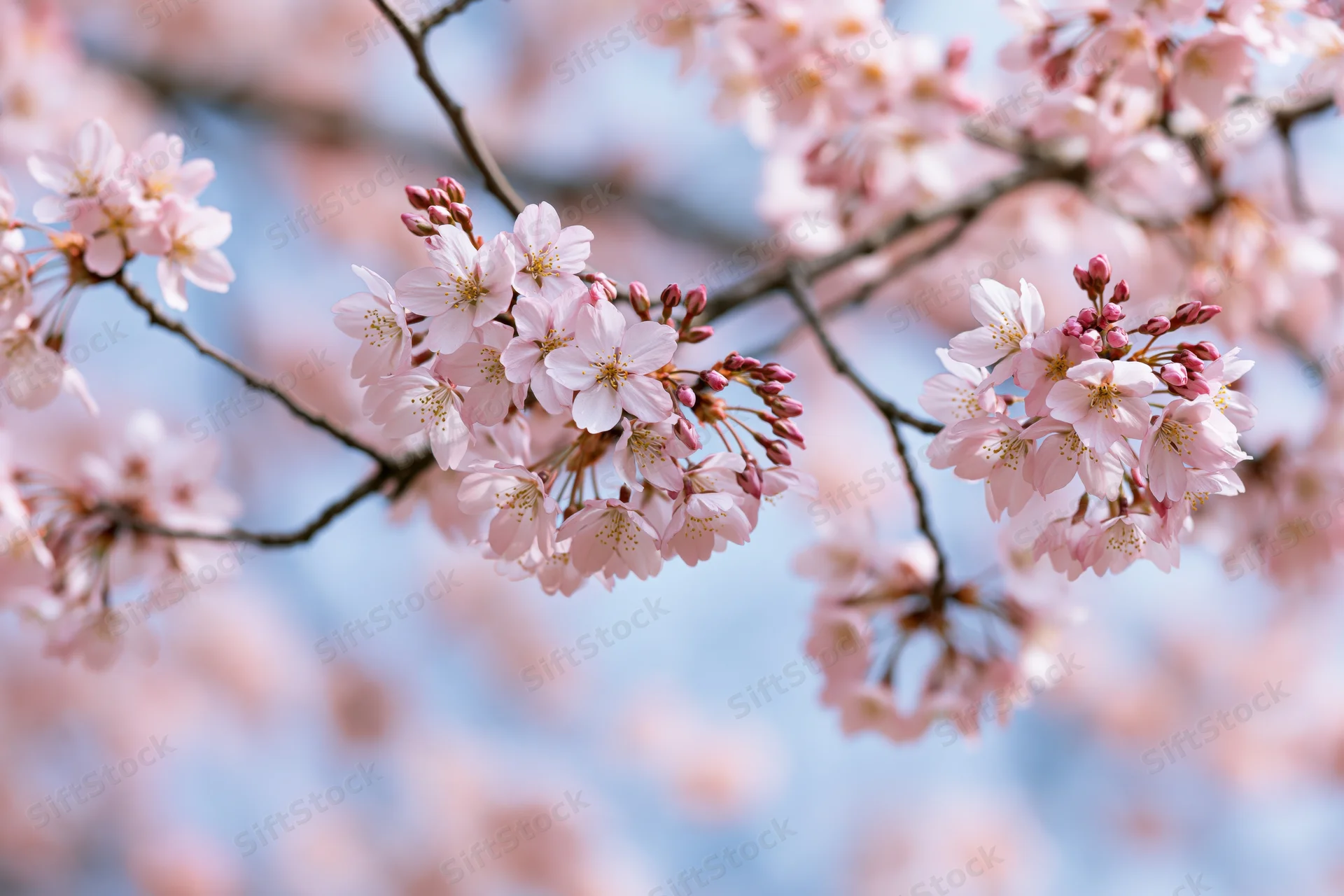 Cherry blossom branches with pale pink blooms and buds against a soft blue sky
