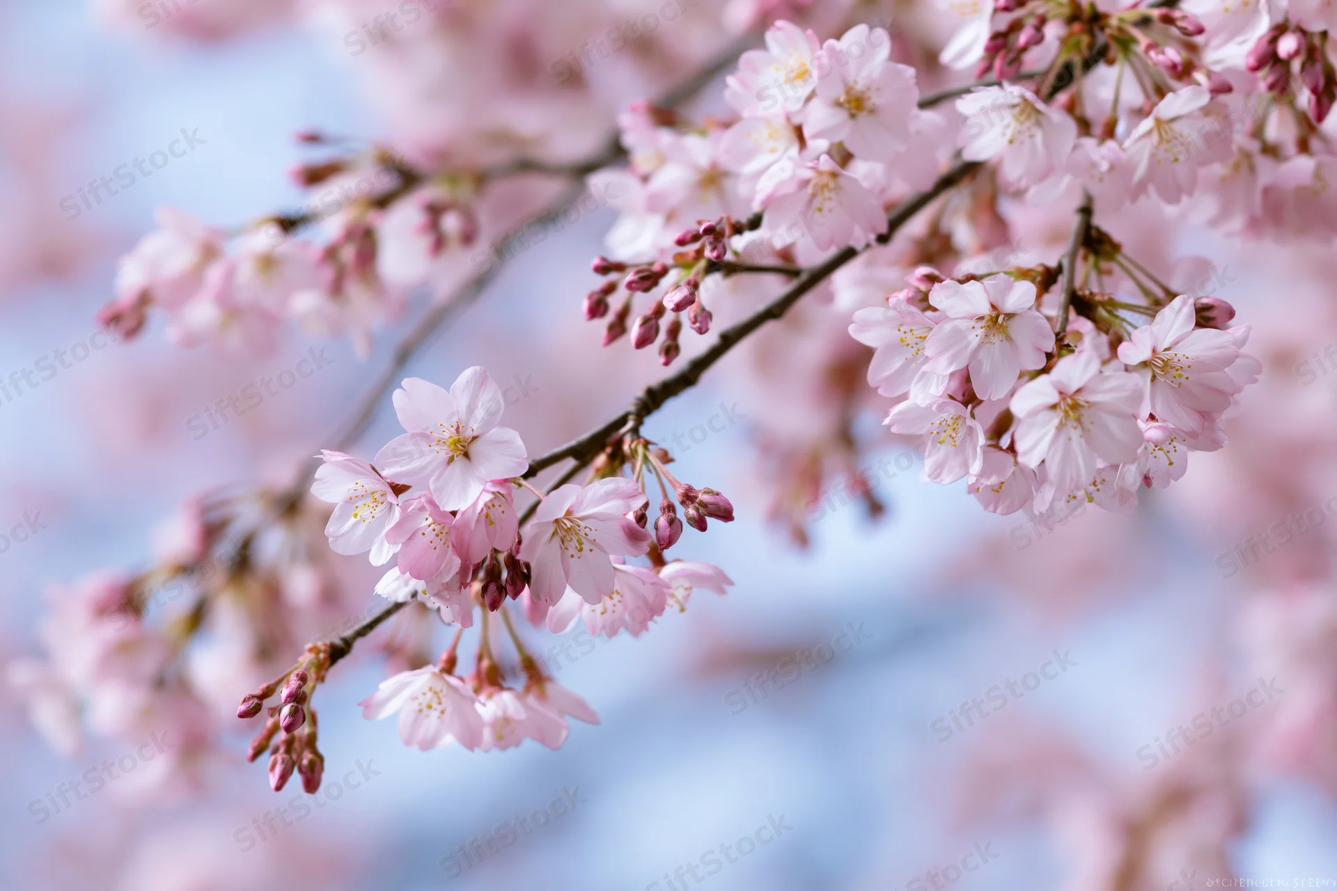 Cherry blossom branches with pale pink blooms and buds against a soft blue sky