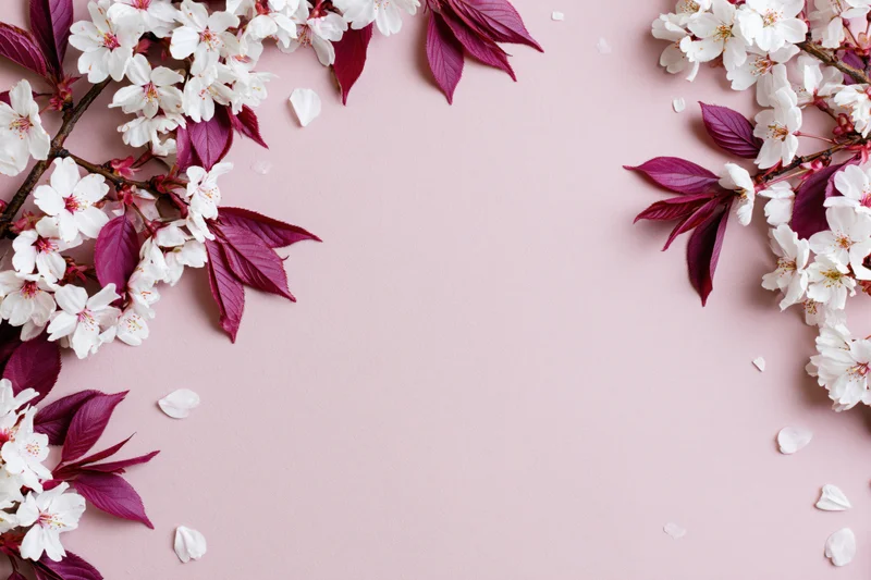 Cherry blossom branches with white flowers and deep pink leaves arranged in corners on pink background with copyspace