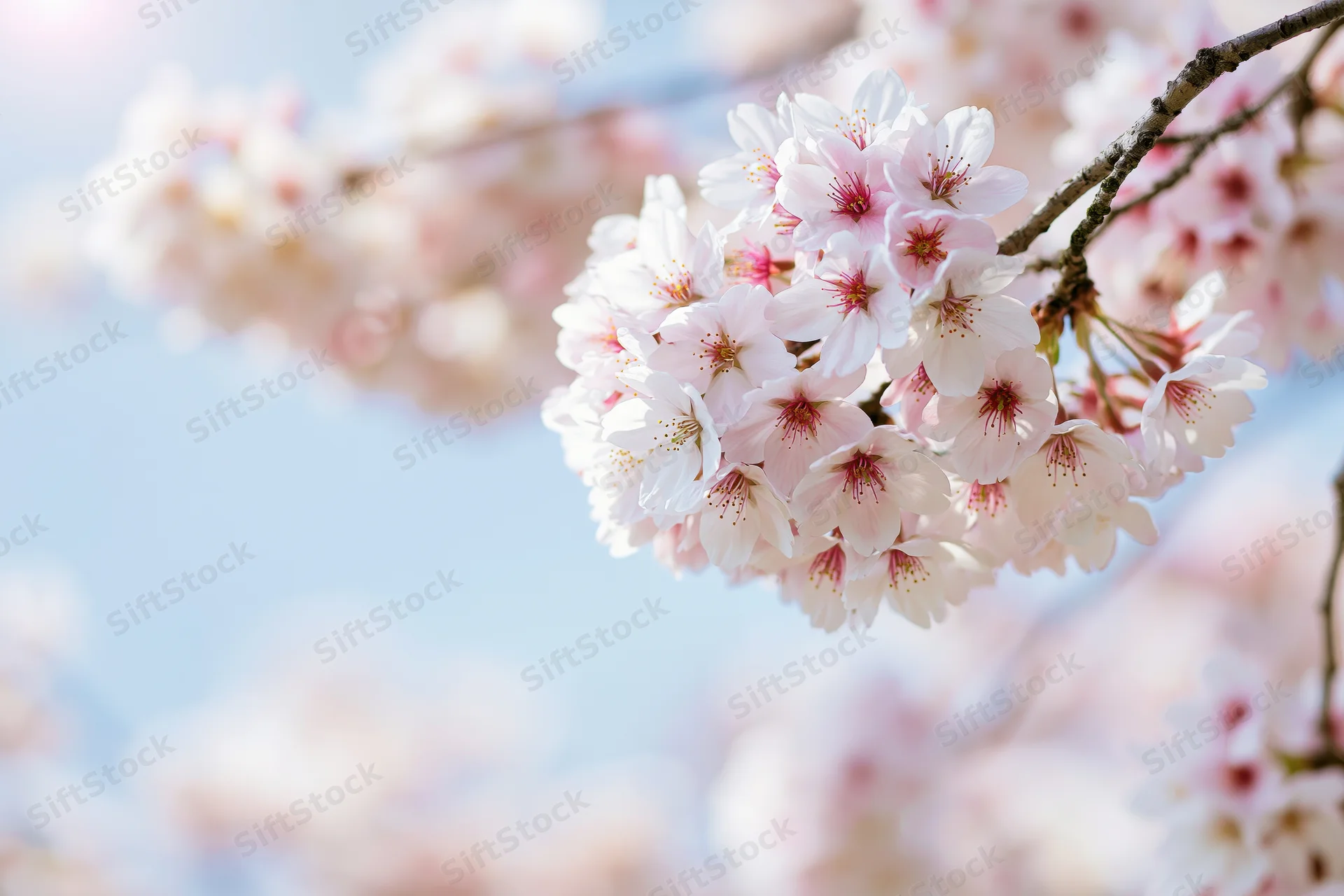 Cherry blossom cluster in full bloom on a bare branch against a soft blue sky