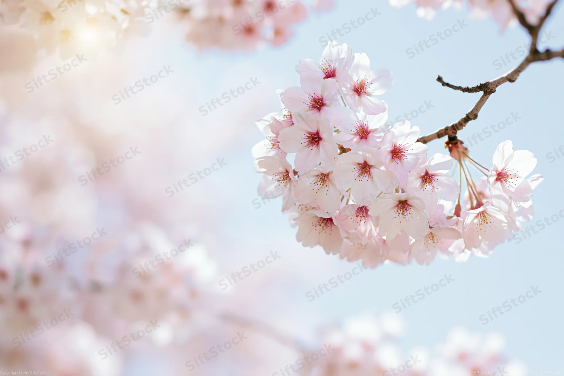 Cherry blossom cluster in full bloom on a bare branch against a soft blue sky