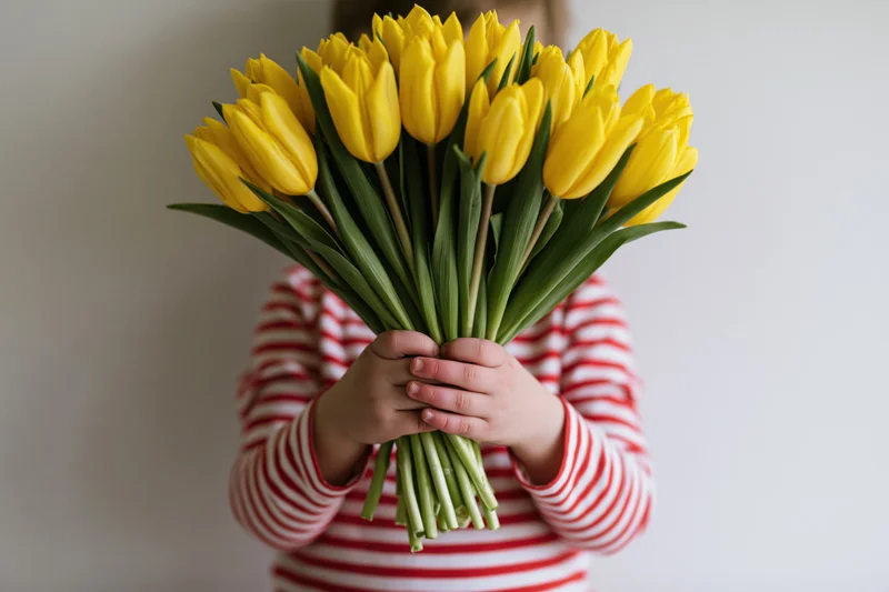 Child holding a large bouquet of yellow tulips in front of their face, wearing a red and white striped shirt