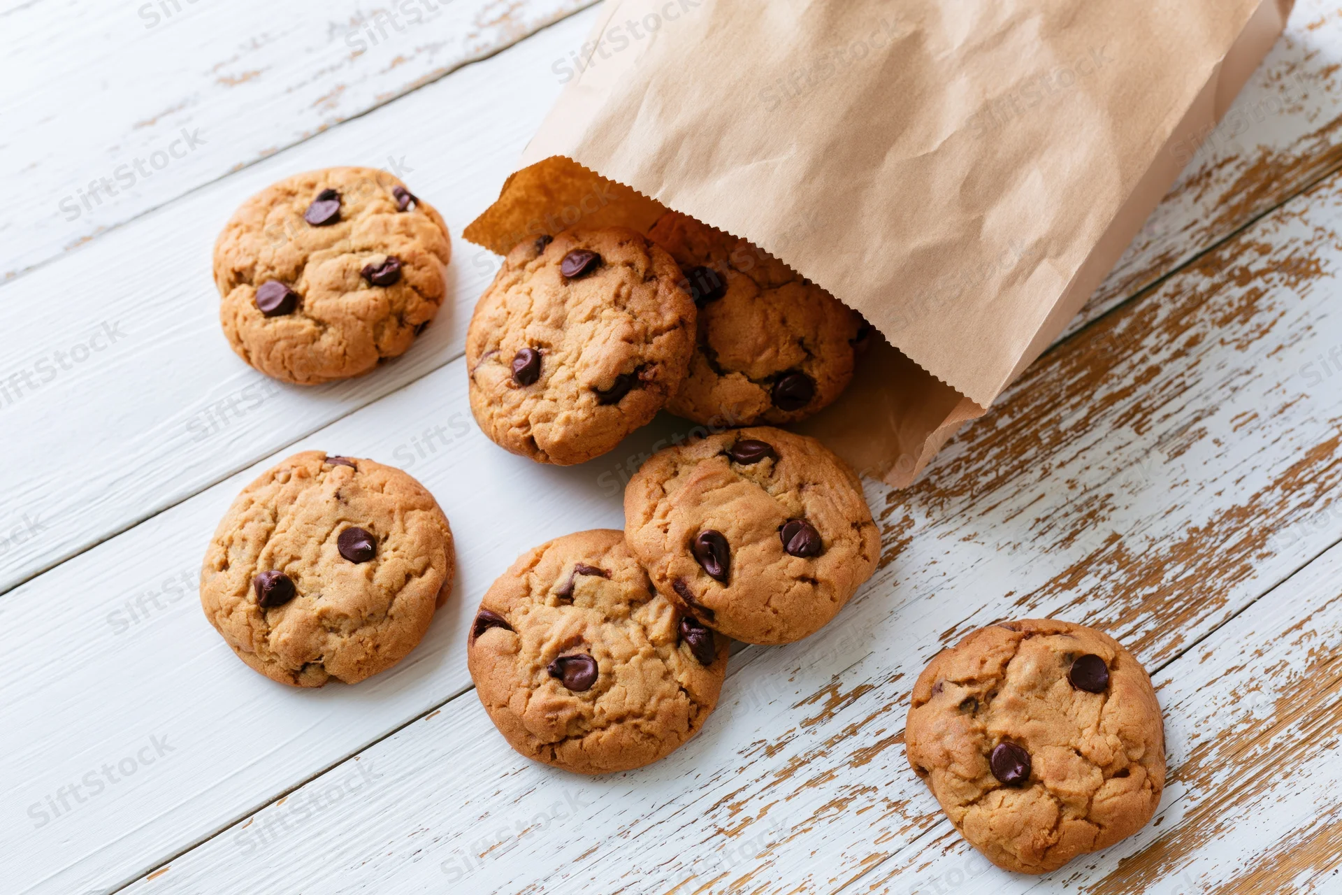 Chocolate chip cookies spilling from a kraft paper bag onto a white wooden table