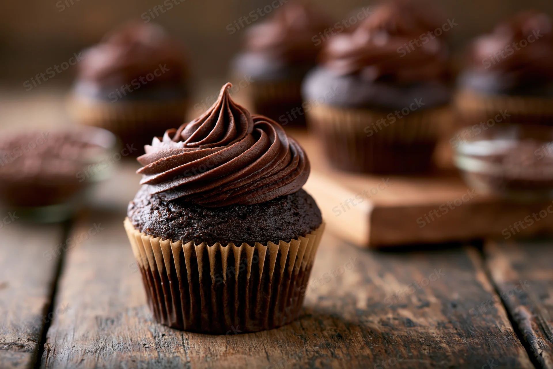 Chocolate cupcake with swirled dark chocolate frosting on wooden table