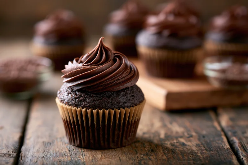Chocolate cupcake with swirled dark chocolate frosting on wooden table