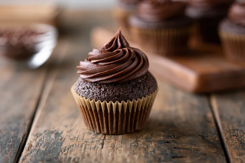 Chocolate cupcake with swirled dark chocolate frosting on rustic wooden table