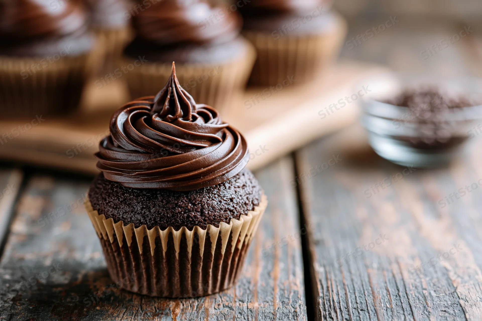 Chocolate cupcake with swirled dark chocolate frosting on rustic wooden table