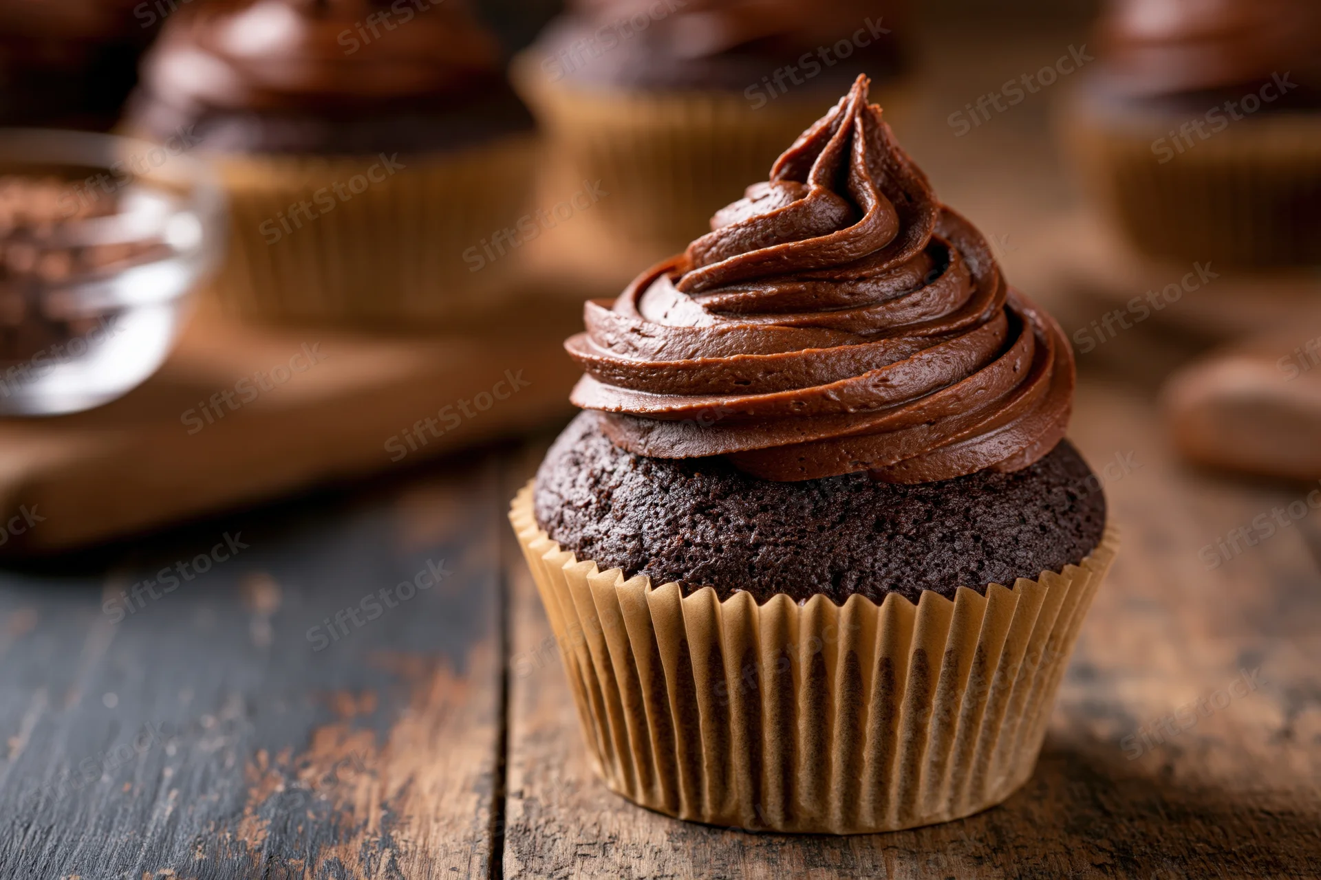 Chocolate cupcake with swirled dark chocolate frosting on wooden table