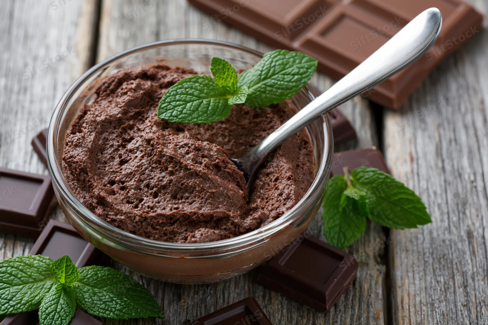 Chocolate mousse in a glass bowl with a metal spoon and mint leaves on a wooden table