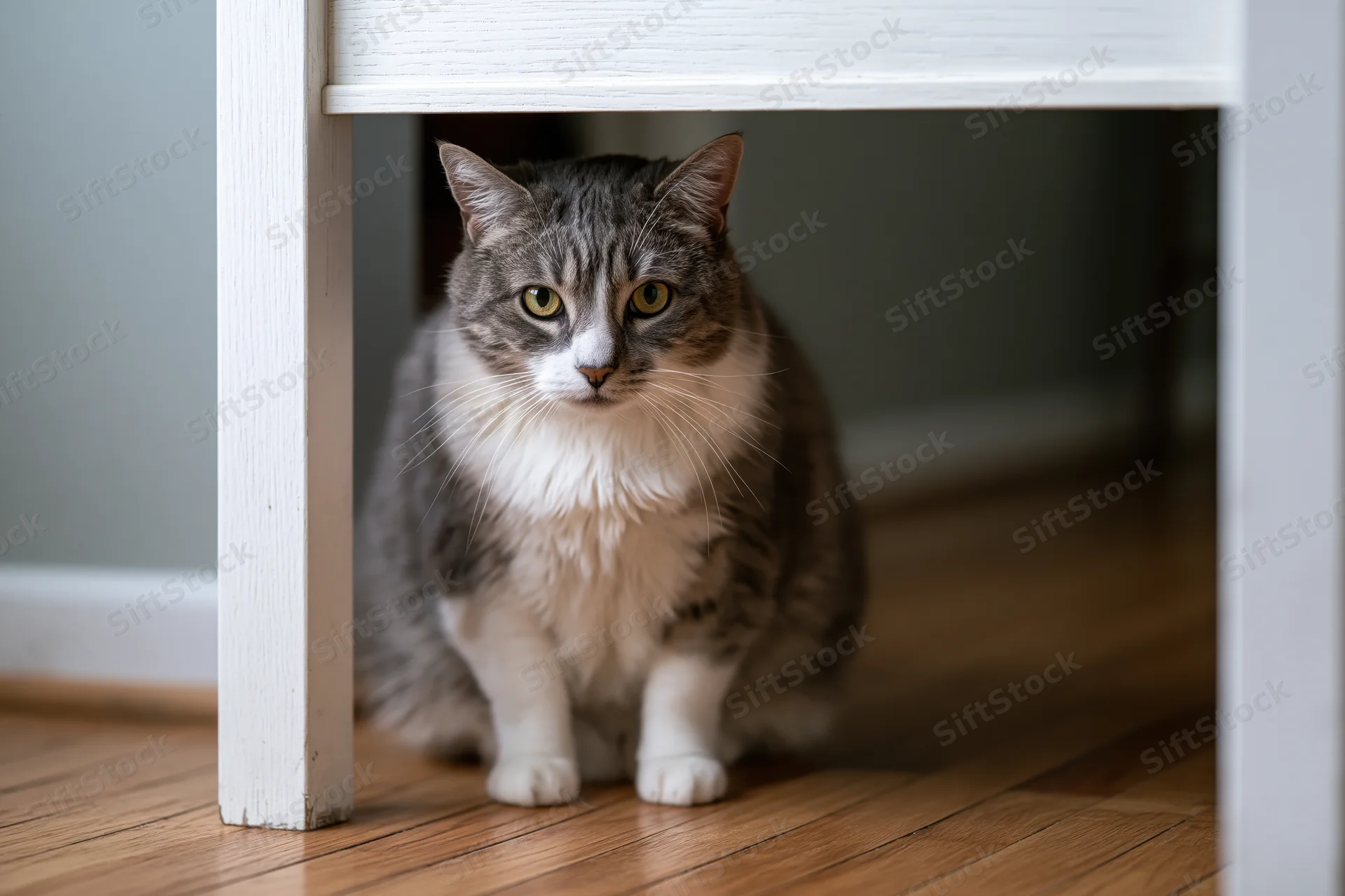 Chubby grey and white tabby cat sitting upright under a white table on hardwood floor