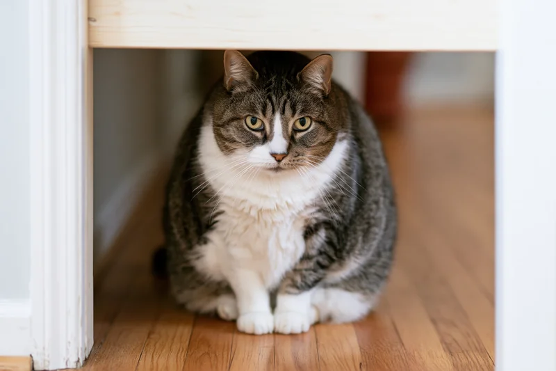 Chubby grey and white tabby cat sitting upright under a wooden shelf on hardwood floor