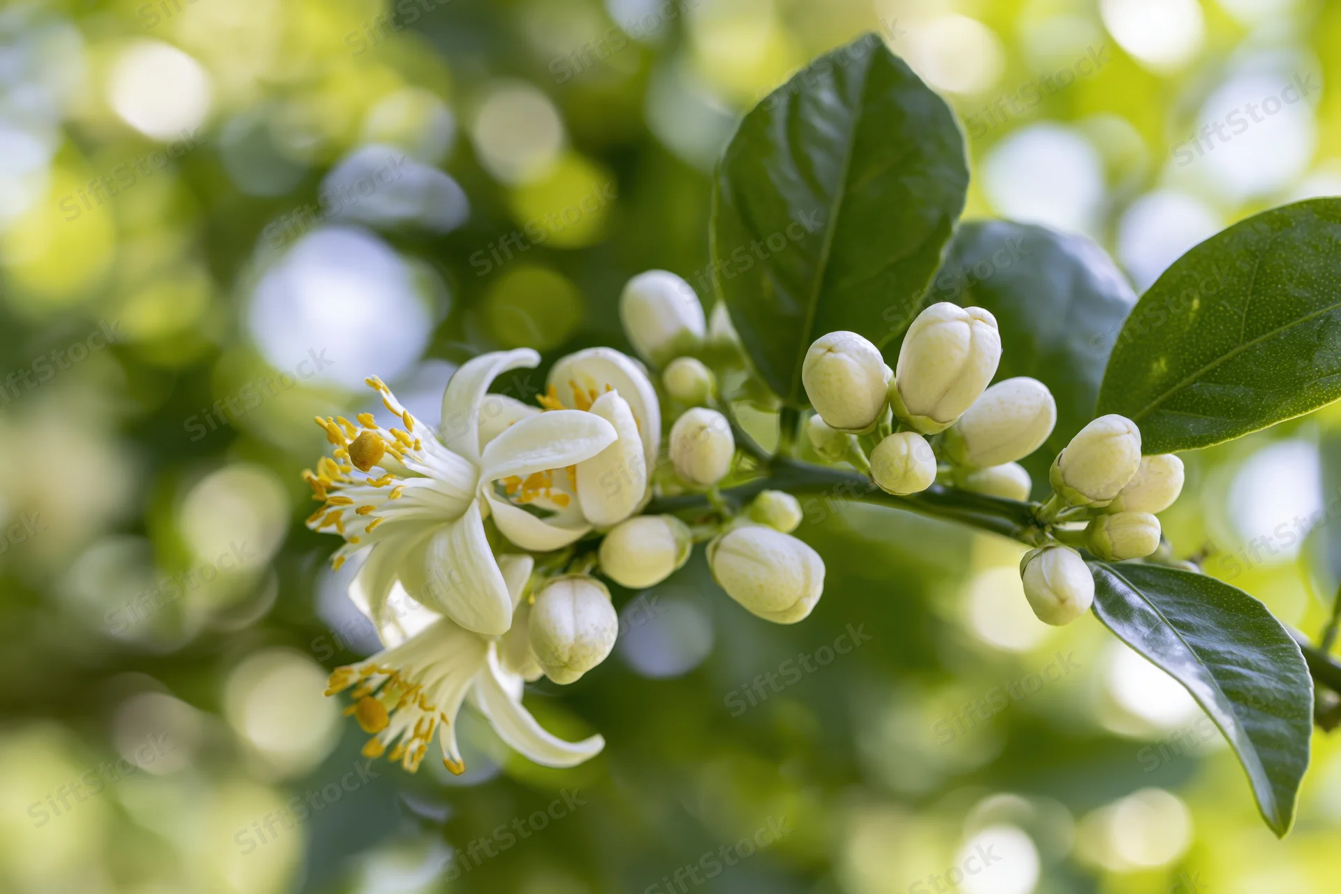 Citrus tree branch with white blossoms and green leaves in spring garden
