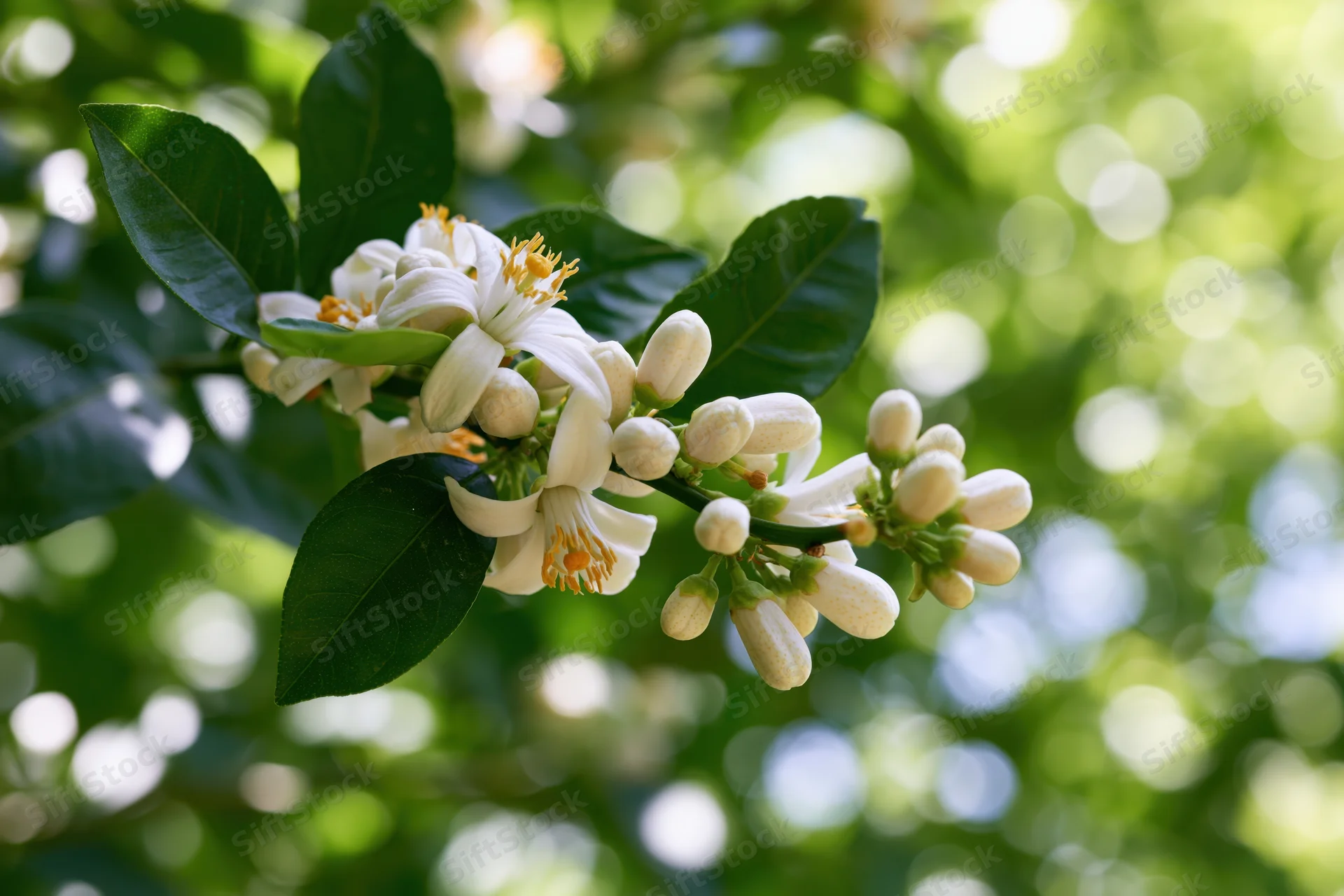 Citrus tree branch in full bloom with white flowers and green leaves against a sunlit garden background